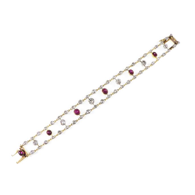 Koch   - Cabochon ruby and diamond two row bracelet by Koch,  one slightly longer than the other, attaching for wear as a choker necklace | MasterArt